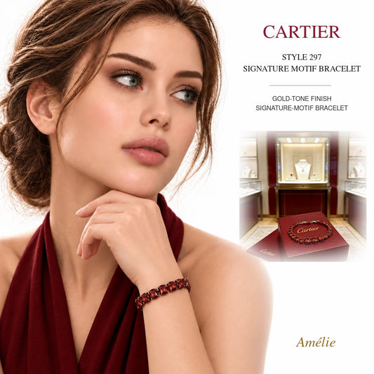 Cartier Style 297 Gold-Tone Signature-Motif Bracelet worn by model with matching product close-up on white background