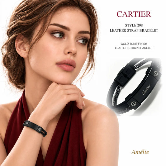 Cartier Style 298 Gold-Tone Leather-Strap Bracelet worn by model with matching product close-up on white background