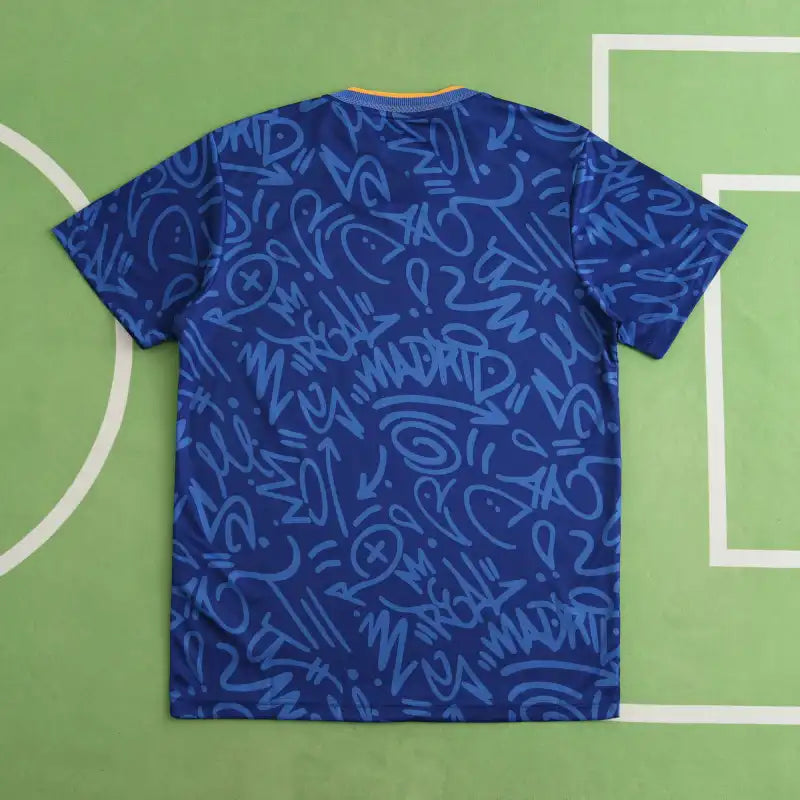 Real Madrid CF Away Fan Version 2021/22 – Blue Graffiti Street Art All-Over Print Adidas Football Jersey | Orange Stripe La Liga Shirt
