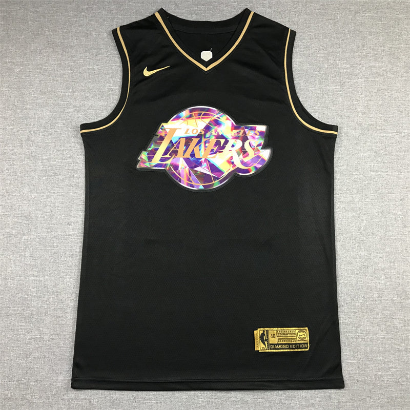 LeBron James #6 Los Angeles Lakers Black Gold 2021-22 Diamond Edition NBA 75th Anniversary Holographic Logo Swingman Jersey