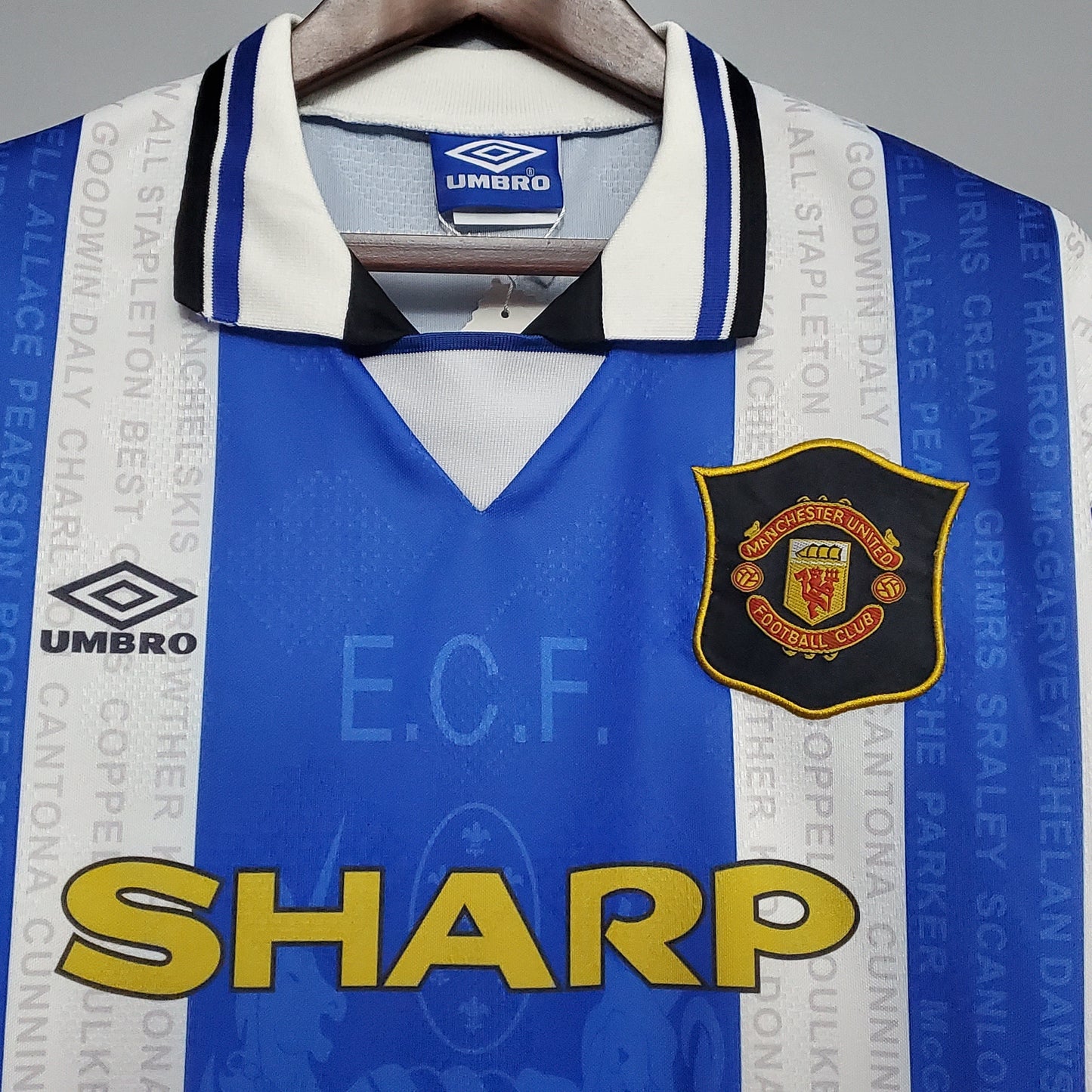 Manchester United 1994-96 Away Retro Jersey – Umbro Blue White Stripe Player Names Kit | Cantona Beckham Sharp Era