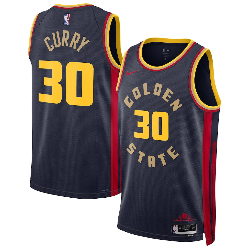 Stephen Curry #30 Golden State Warriors Navy 2024-25 City Edition "Golden State" Circular Badge Retro Serif Red Side Panel Swingman Jersey - S-XXXL