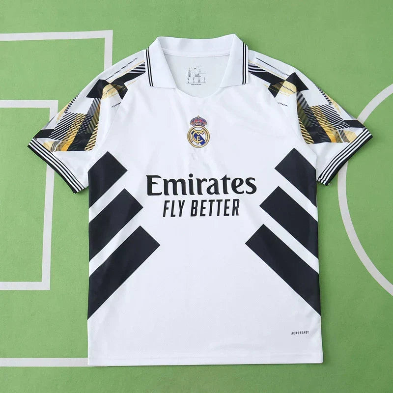 Real Madrid 2025/26 White Black Gold Geometric Concept Jersey – X-Design Adidas Fan Version