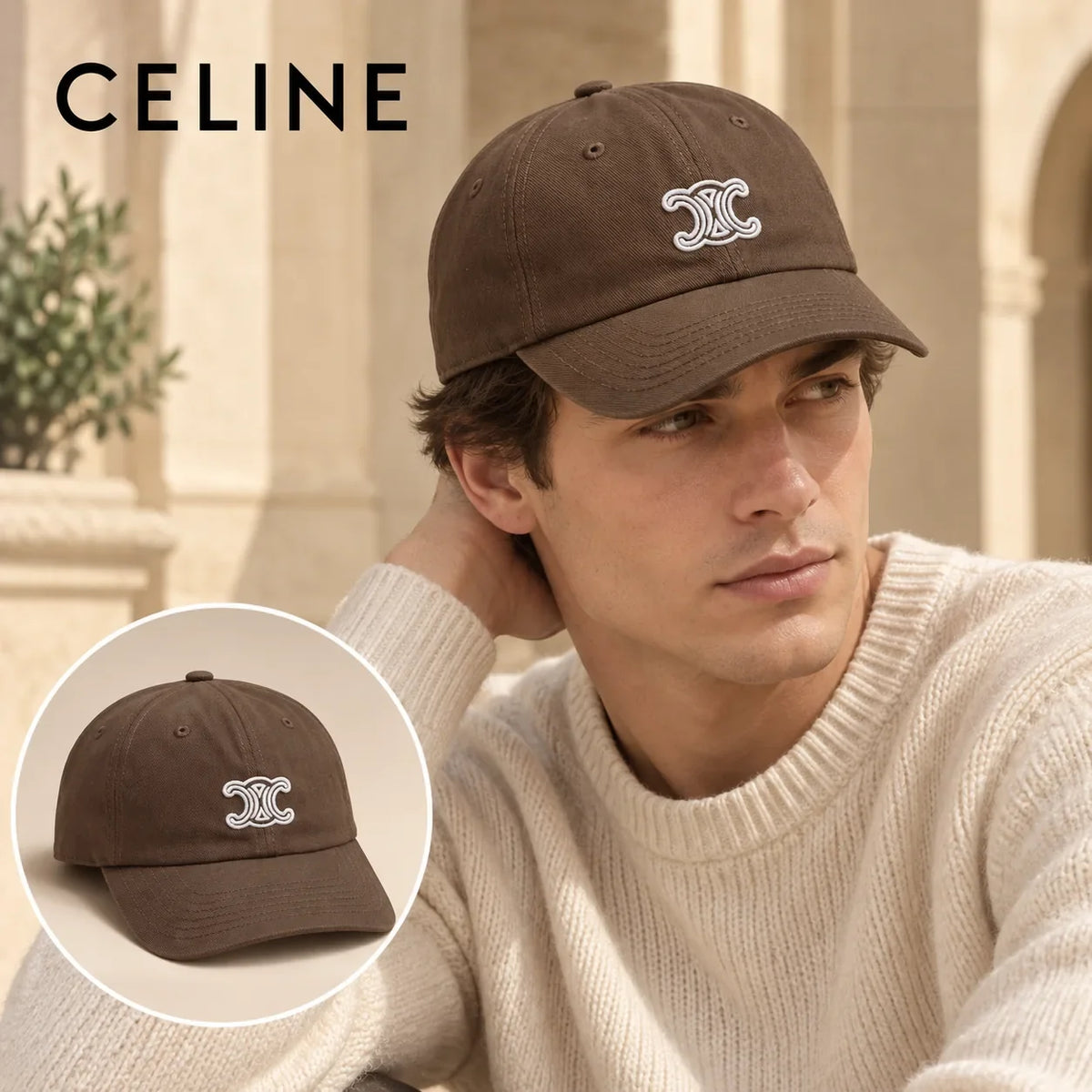 Celine Celine Baseball Cap worn by a Western model with product detail inset