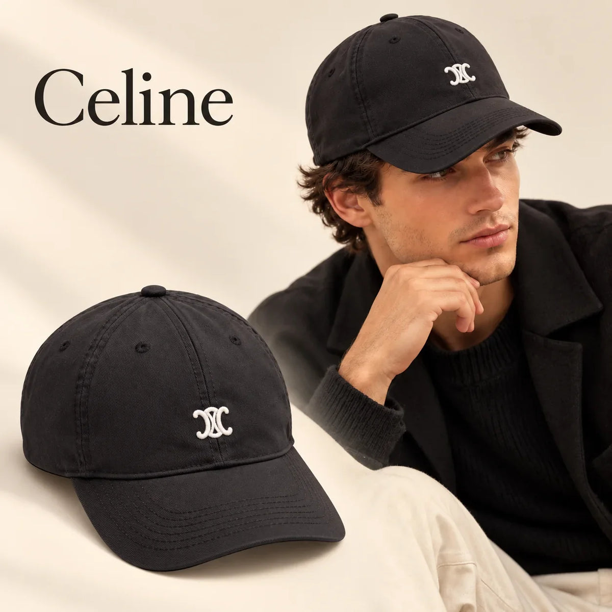 Model wearing Celine Baseball Cap on head with matching product close-up