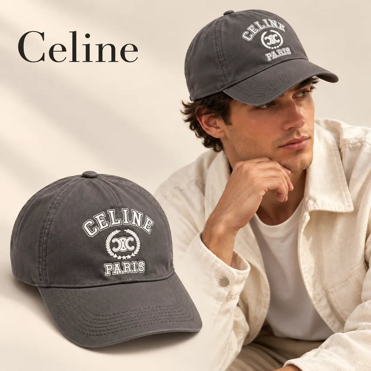 Model wearing Celine Baseball Cap on head with matching product close-up