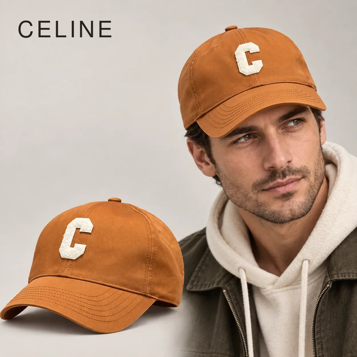 Celine Baseball Cap worn by an adult model, with matching hat close-up