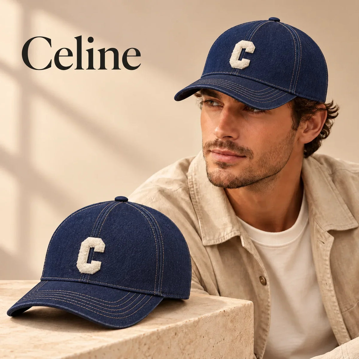 Celine Denim Baseball Cap worn on model with product close-up