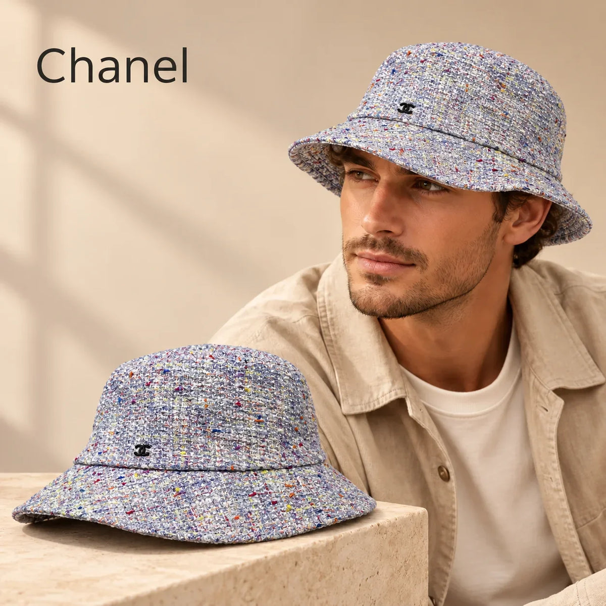 Chanel Bucket Hat worn by a model with matching hat close-up