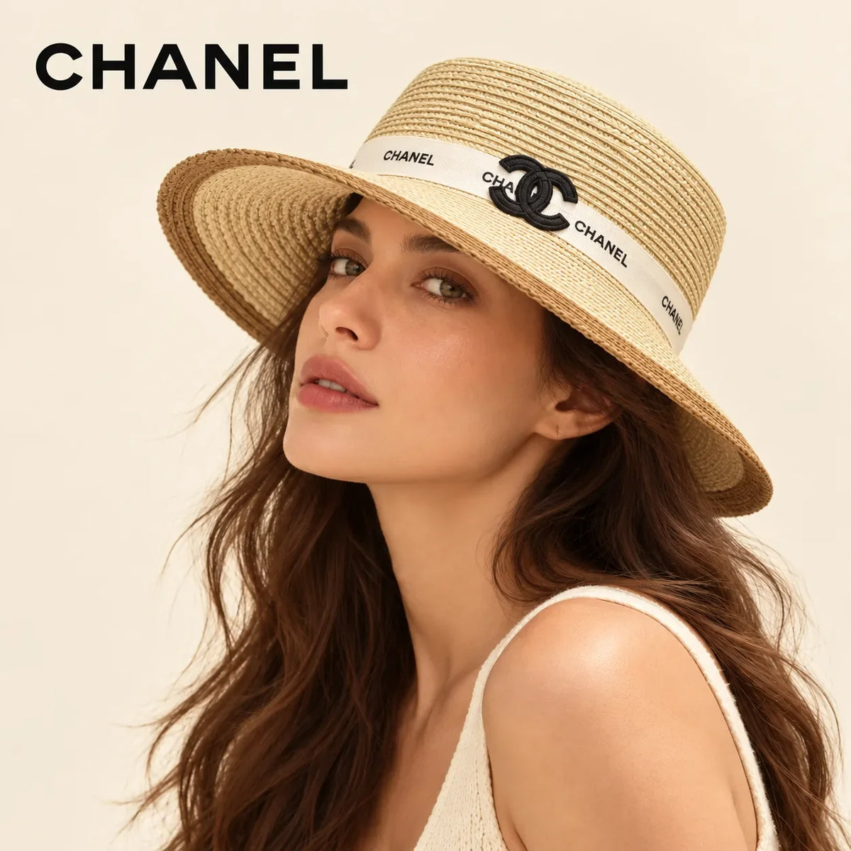 Model wearing Chanel Hat