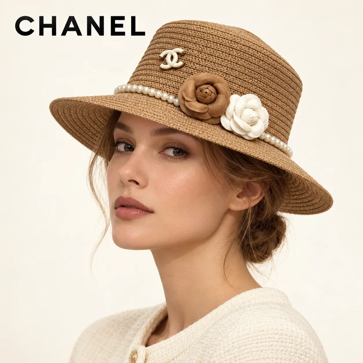 Model wearing chanel hat on head