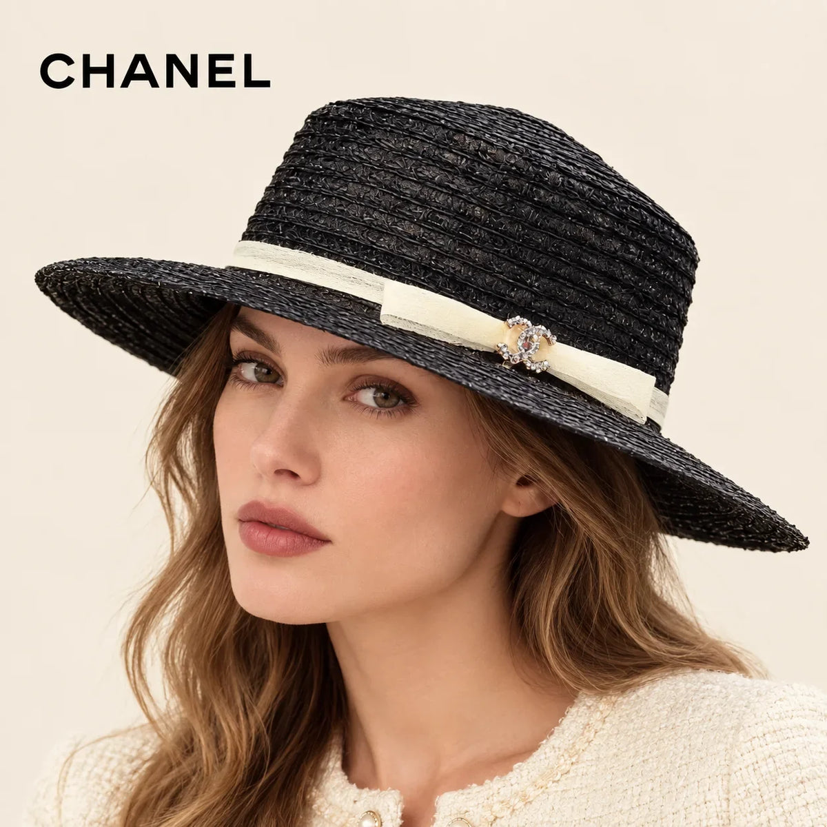 Model wearing chanel straw hat on head