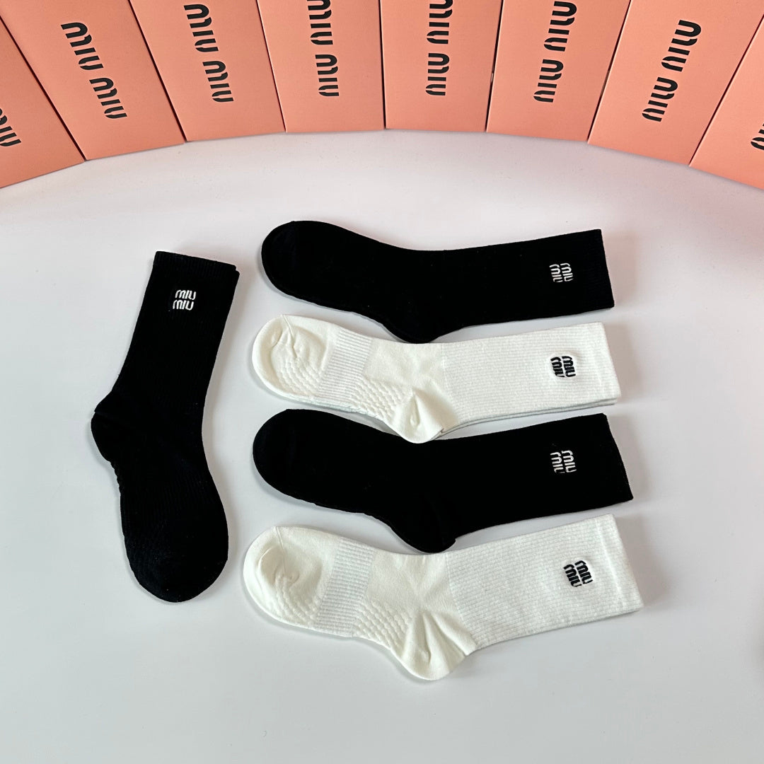 Miu Miu Black Cream Plain Tall Fine Lettering Crew Socks, image 5
