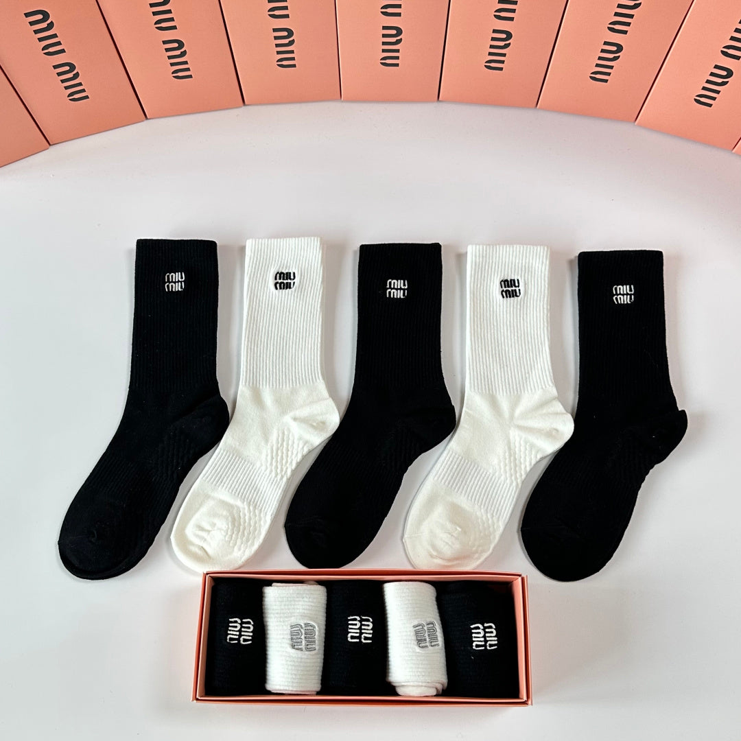 Miu Miu Black Cream Plain Tall Fine Lettering Crew Socks, image 2