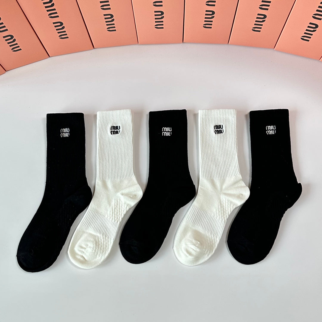 Miu Miu Black Cream Plain Tall Fine Lettering Crew Socks, image 1