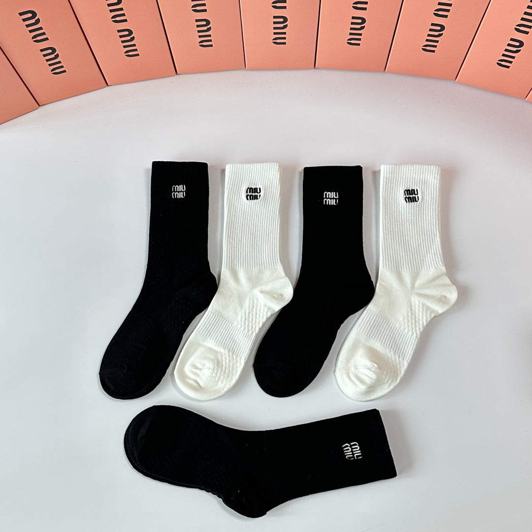 Miu Miu Black Cream Plain Tall Fine Lettering Crew Socks, image 3