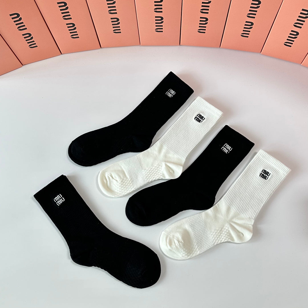 Miu Miu Black Cream Plain Tall Fine Lettering Crew Socks, image 4