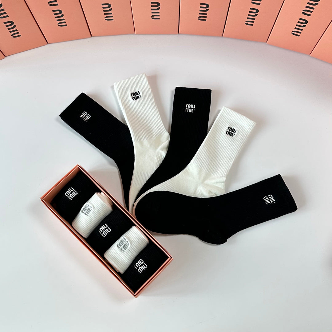 Miu Miu Black Cream Plain Tall Fine Lettering Crew Socks, image 9