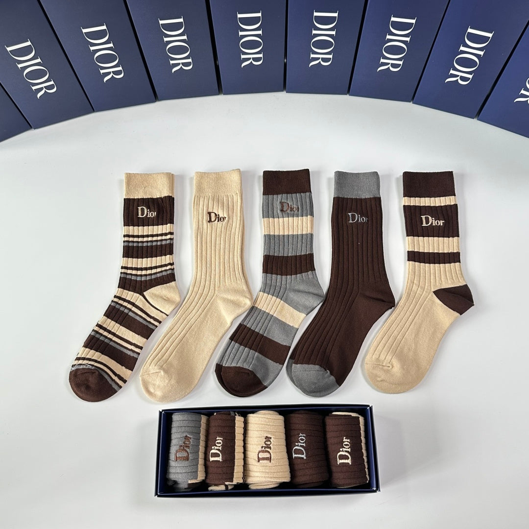 Dior Earthy Grey Striped Rib Mix Crew Socks, image 2