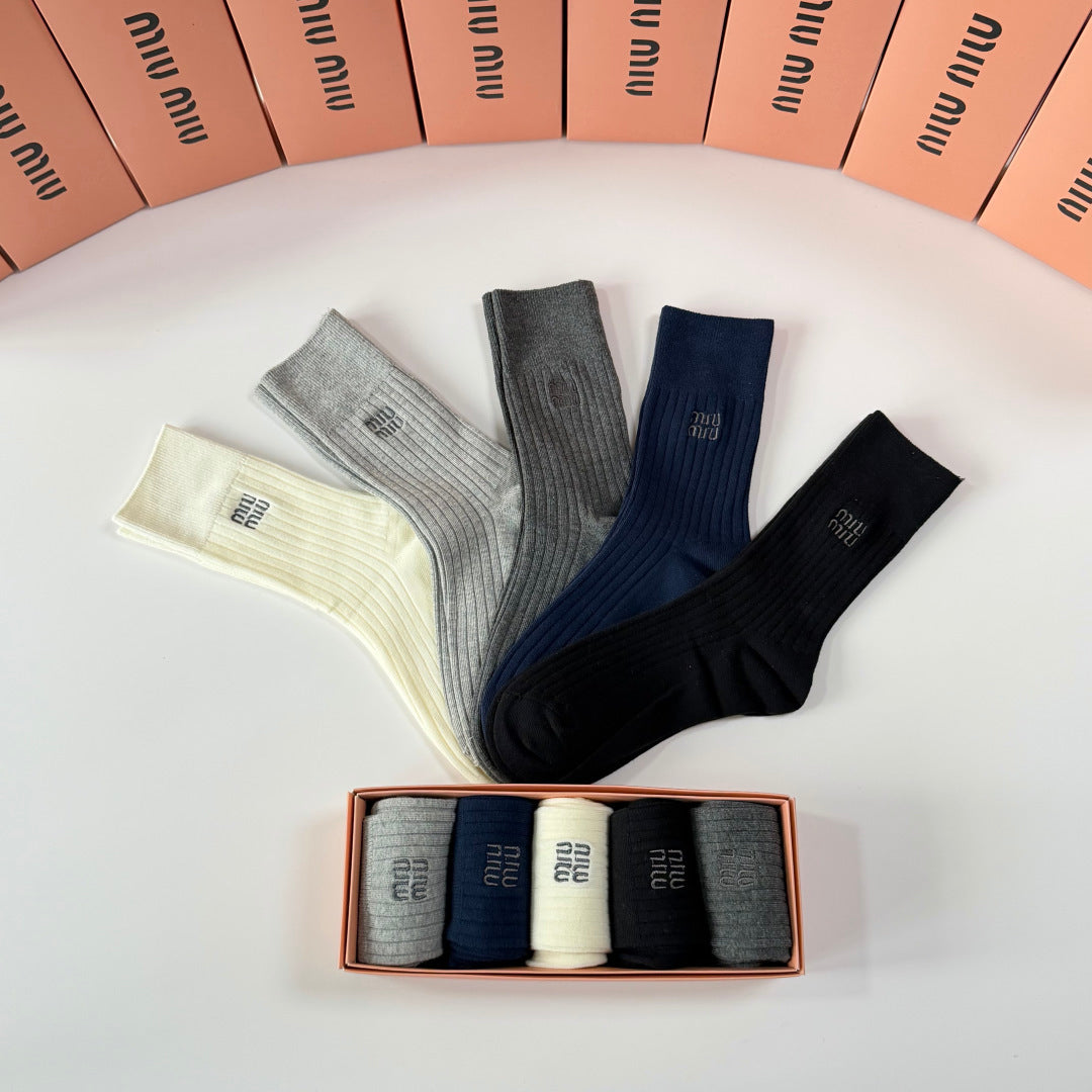 Miu Miu Neutral Navy Cream Tall Fine Rib Crew Socks, image 7