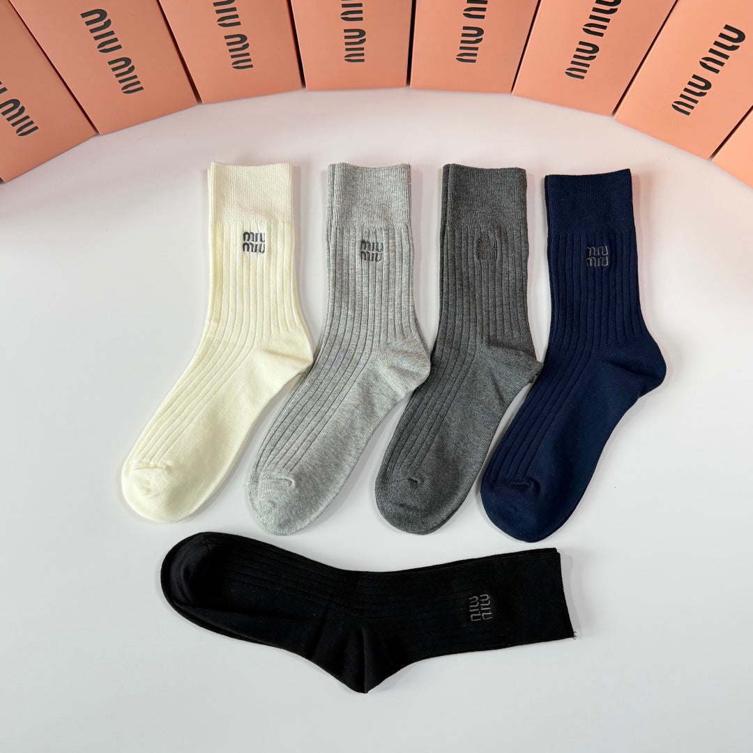 Miu Miu Neutral Navy Cream Tall Fine Rib Crew Socks, image 3