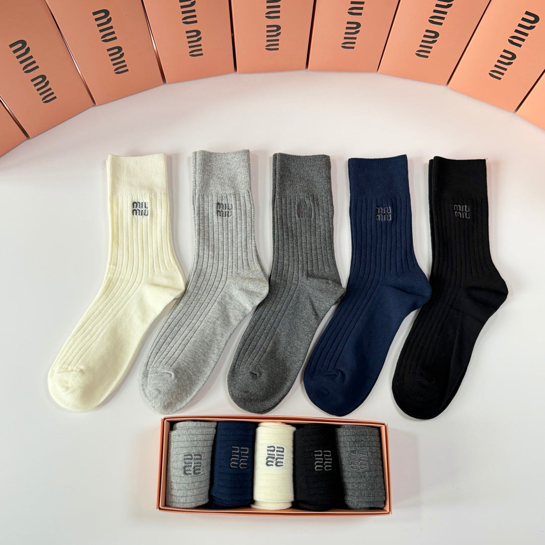 Miu Miu Neutral Navy Cream Tall Fine Rib Crew Socks, image 2