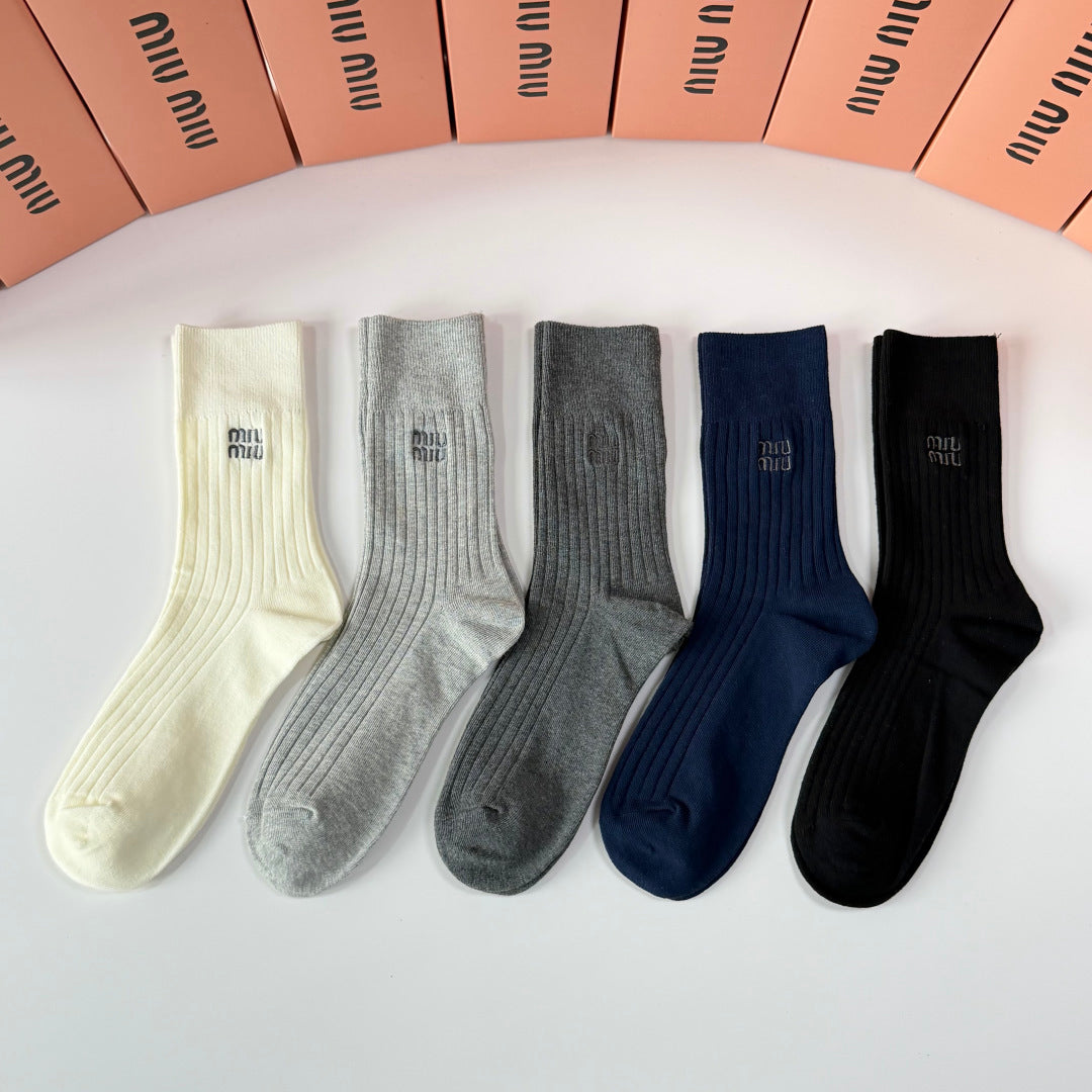 Miu Miu Neutral Navy Cream Tall Fine Rib Crew Socks, image 1