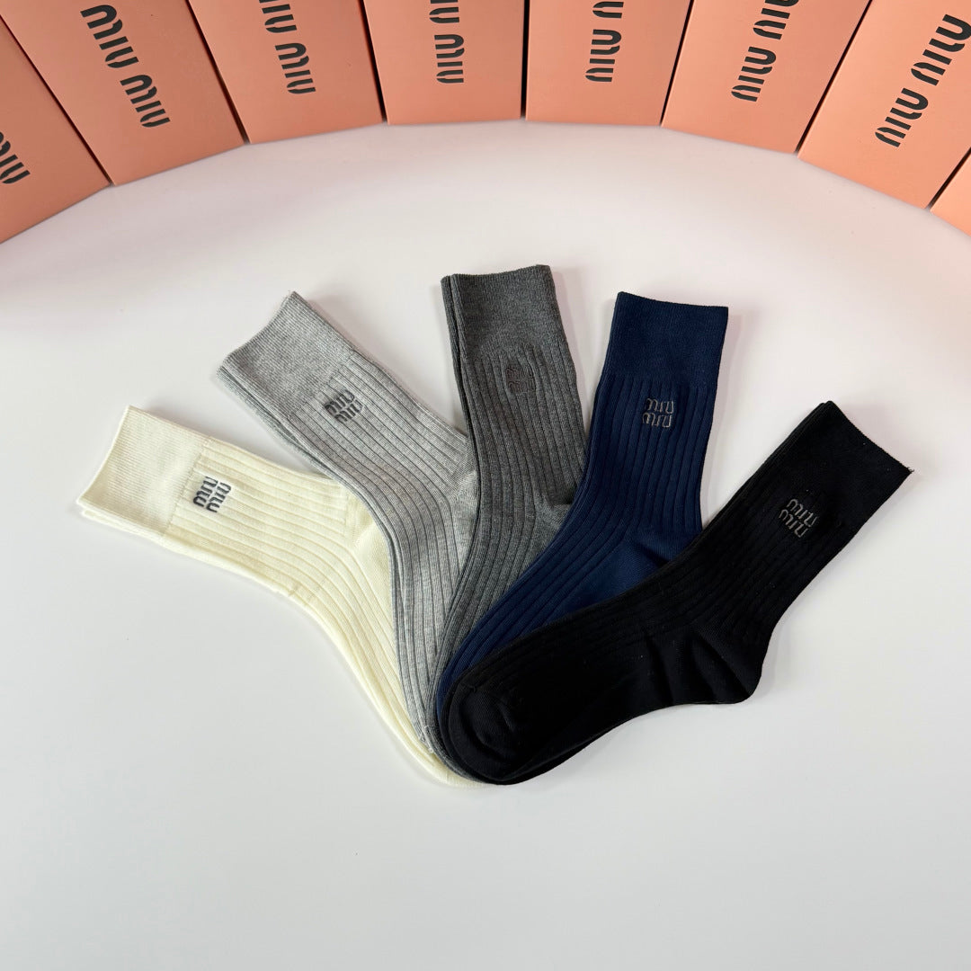 Miu Miu Neutral Navy Cream Tall Fine Rib Crew Socks, image 6