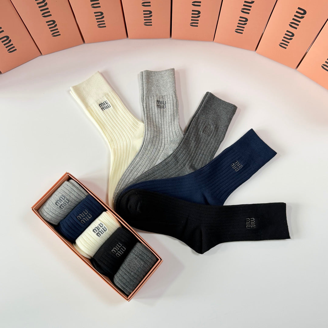Miu Miu Neutral Navy Cream Tall Fine Rib Crew Socks, image 9