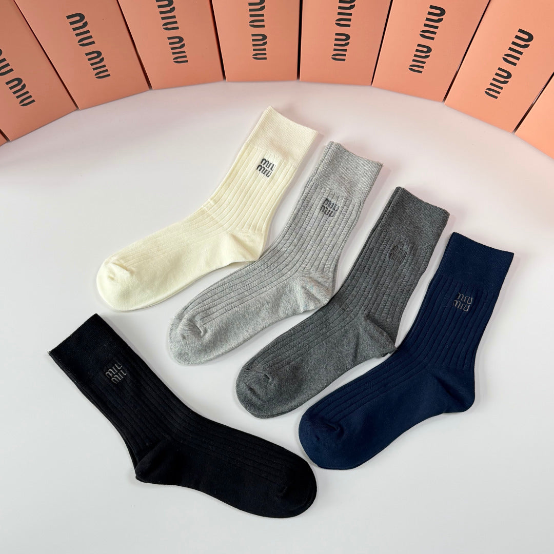 Miu Miu Neutral Navy Cream Tall Fine Rib Crew Socks, image 4