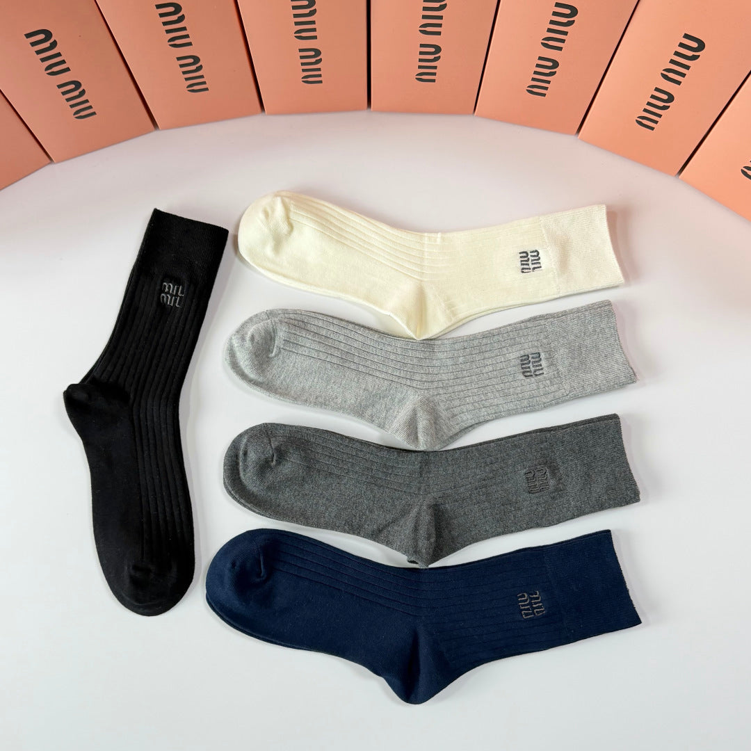 Miu Miu Neutral Navy Cream Tall Fine Rib Crew Socks, image 5