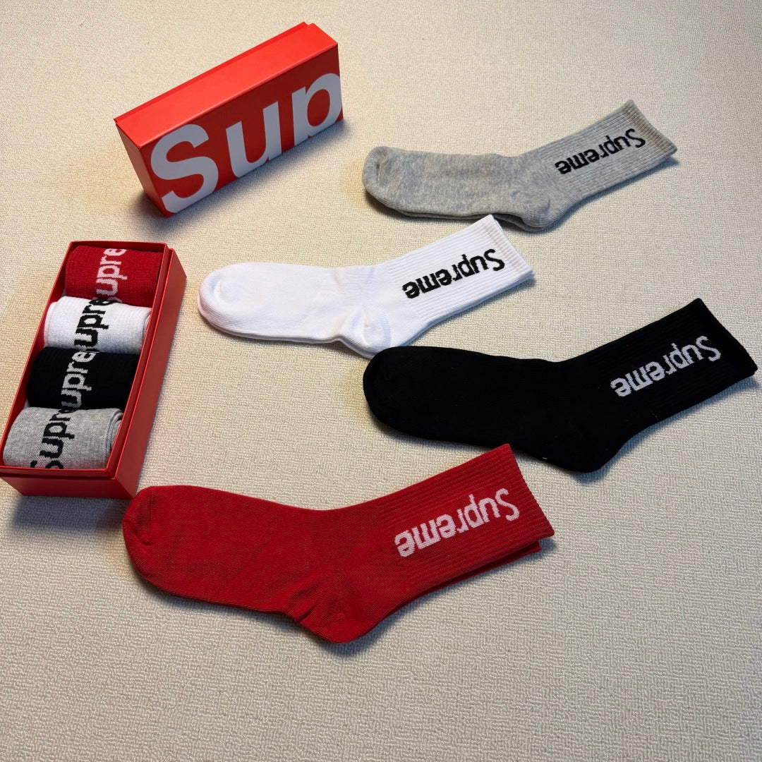 Supreme Grey Red White Black Vertical Wordmark Crew Socks, image 8