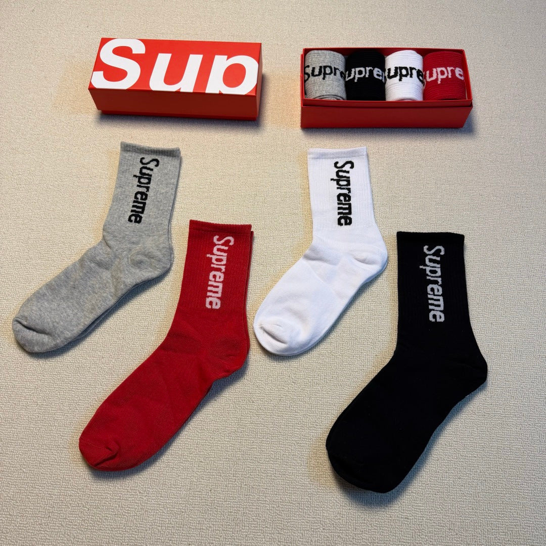 Supreme Grey Red White Black Vertical Wordmark Crew Socks, image 2