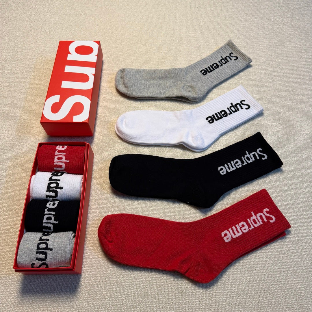 Supreme Grey Red White Black Vertical Wordmark Crew Socks, image 5