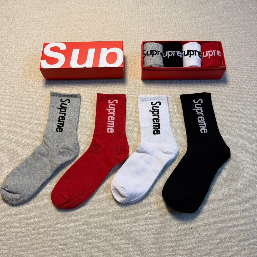 Supreme Grey Red White Black Vertical Wordmark Crew Socks, image 1