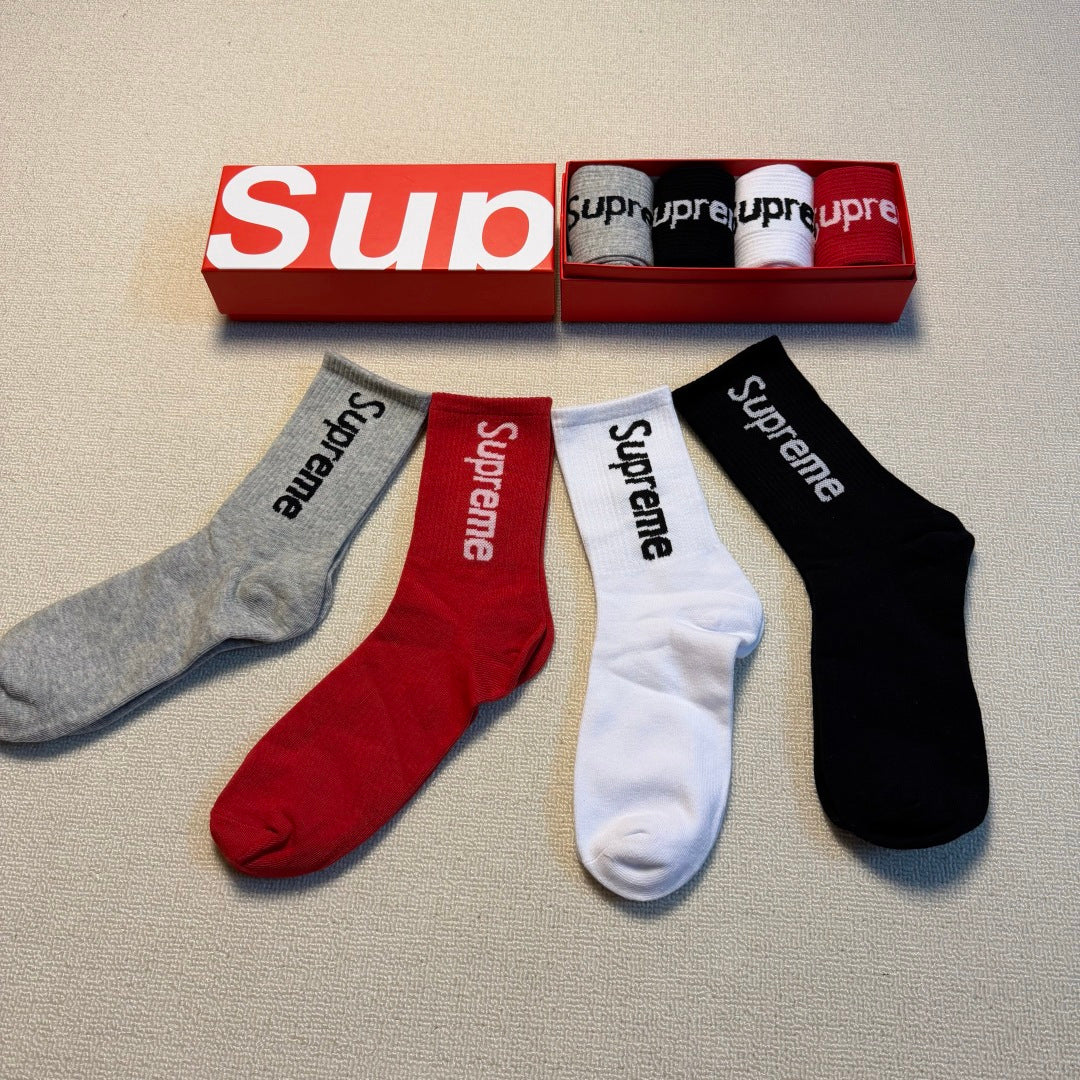 Supreme Grey Red White Black Vertical Wordmark Crew Socks, image 3