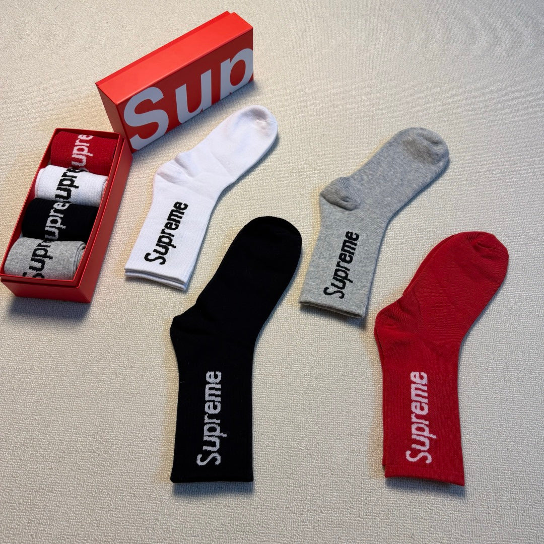 Supreme Grey Red White Black Vertical Wordmark Crew Socks, image 7