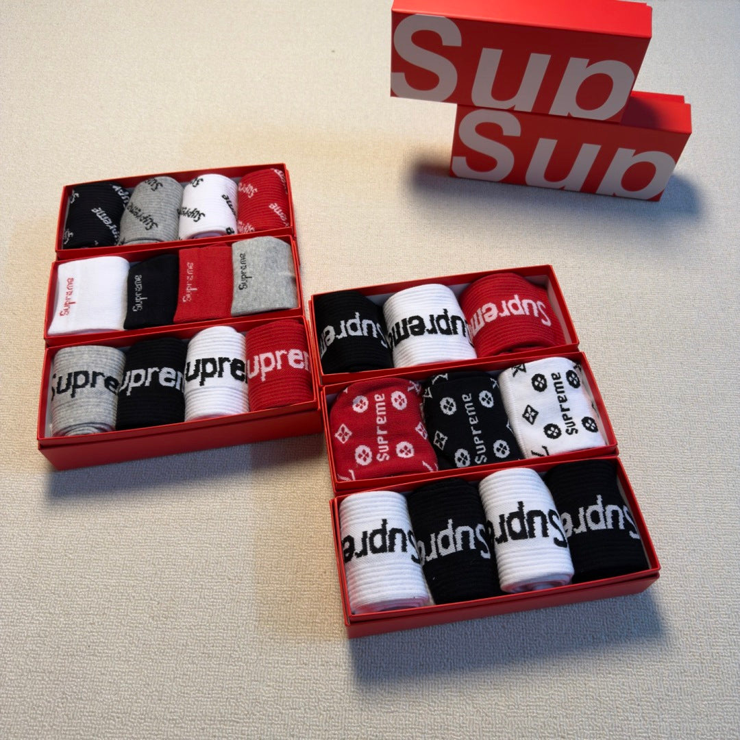 Supreme Grey Red White Black Vertical Wordmark Crew Socks, image 9