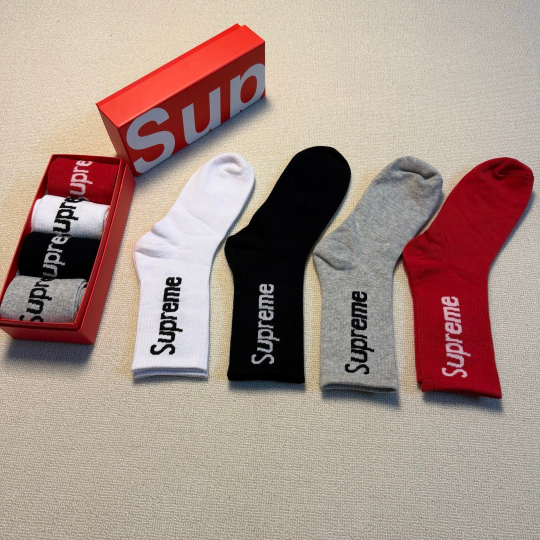 Supreme Grey Red White Black Vertical Wordmark Crew Socks, image 6