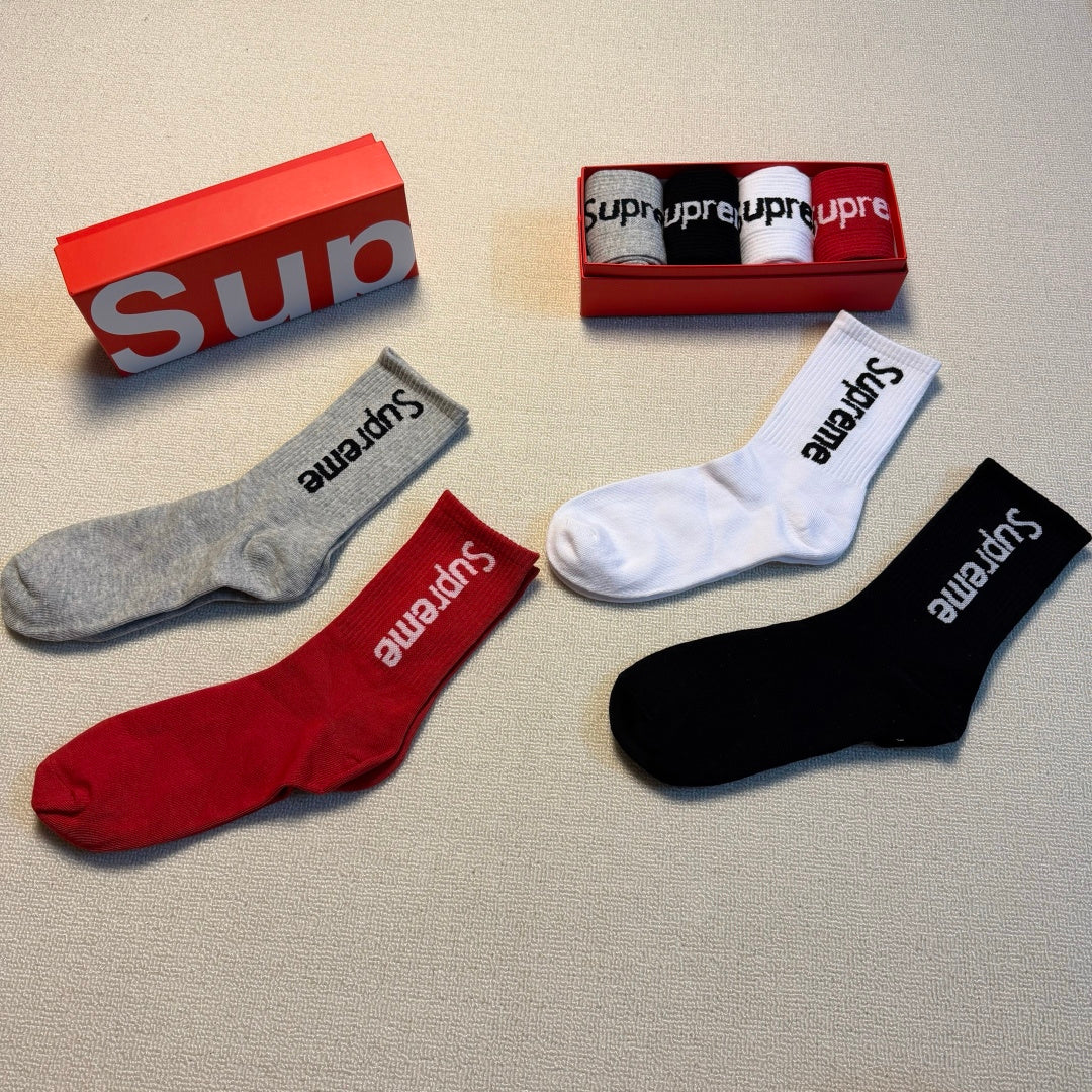 Supreme Grey Red White Black Vertical Wordmark Crew Socks, image 4