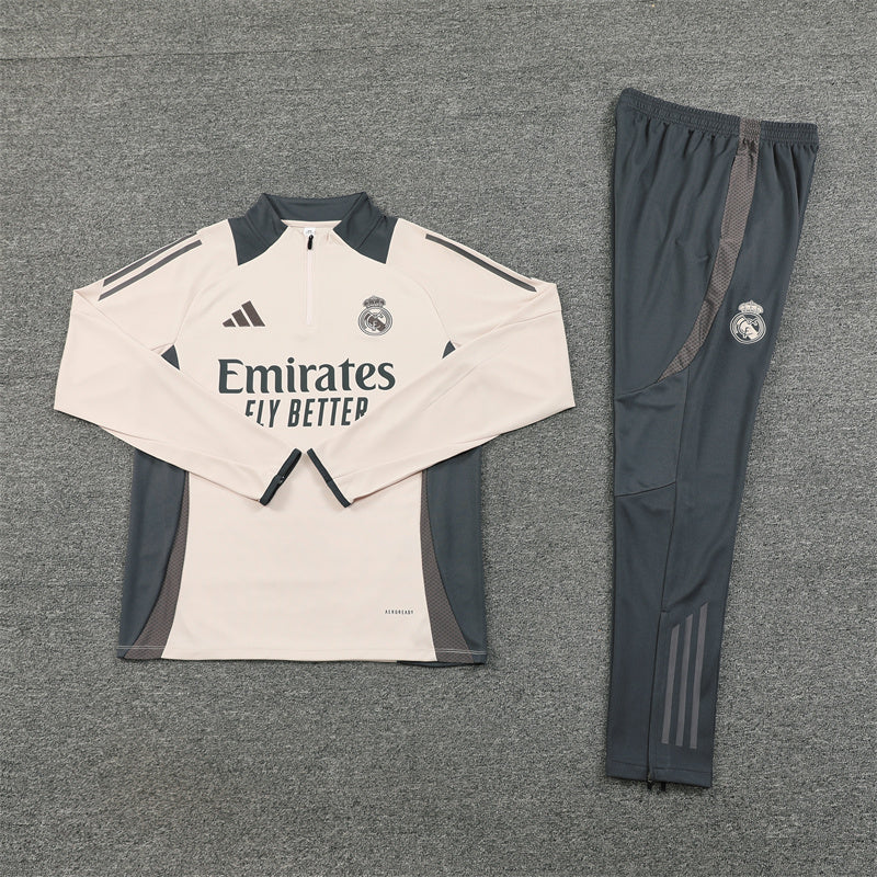 Real Madrid 2024/25 Apricot & Grey Adidas Training Tracksuit – Quarter-Zip Top & Tapered Pants | Emirates La Liga Training Suit