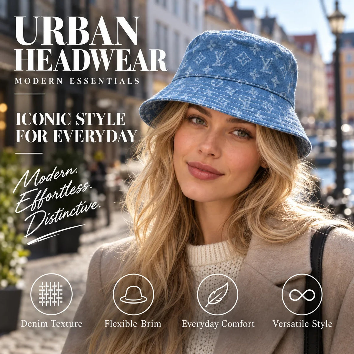 Denim Bucket Hat worn by fashion model in a European street-style setting