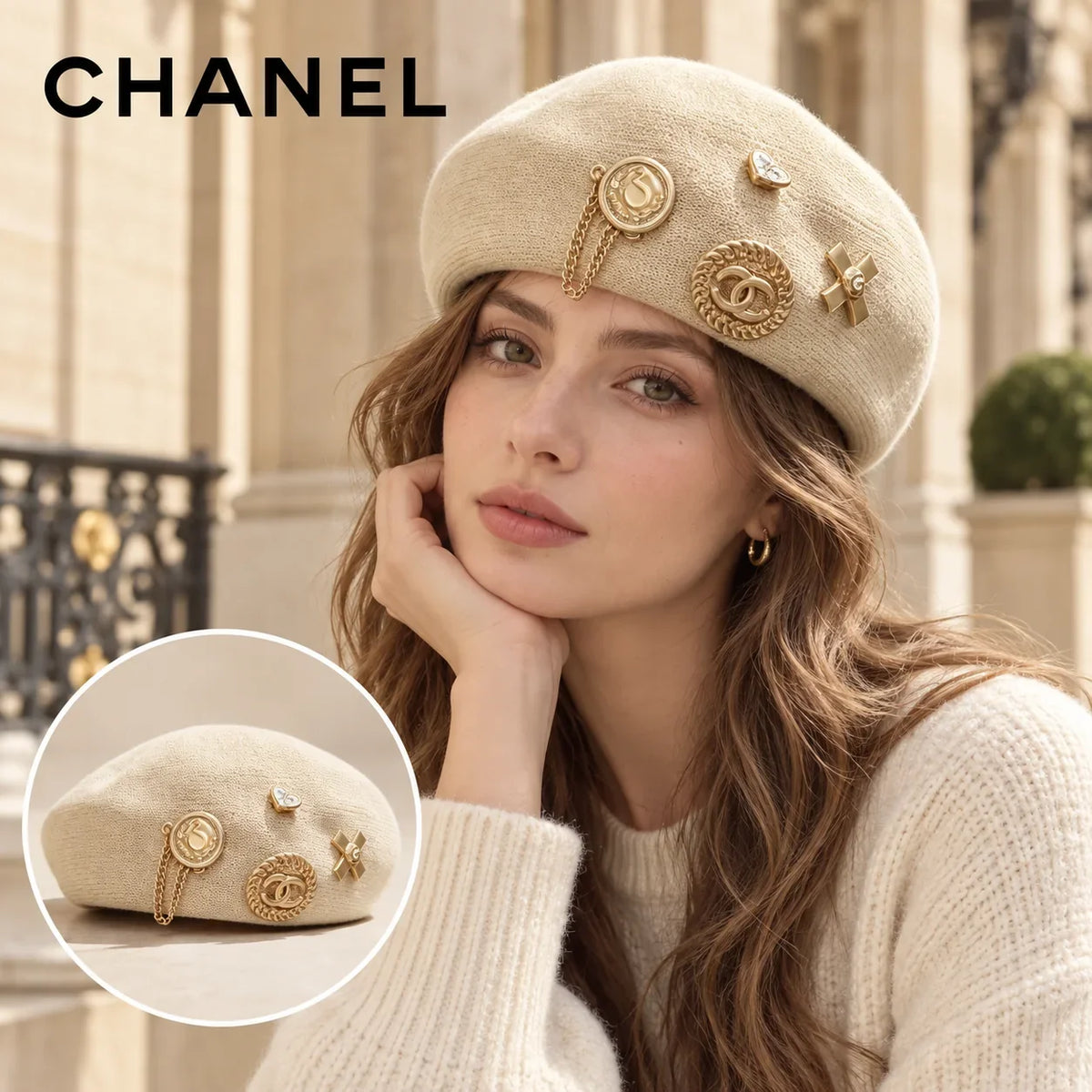 Dior Dior Woven Open Knit Hat worn by a Western model with product detail inset