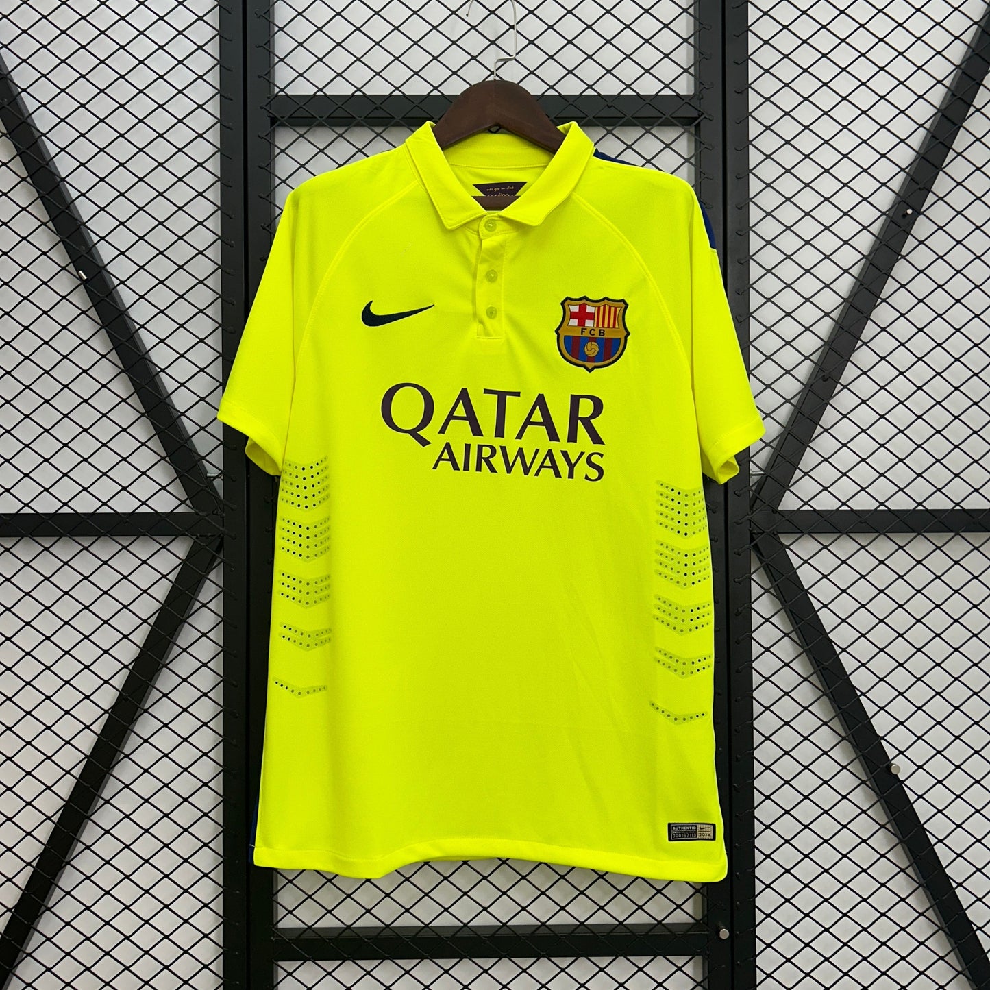 FC Barcelona 2014-15 Third Jersey – Neon Yellow Nike Qatar Airways Treble Season Football Shirt | MSN Messi Suarez Neymar Iniesta Classic Barca Kit