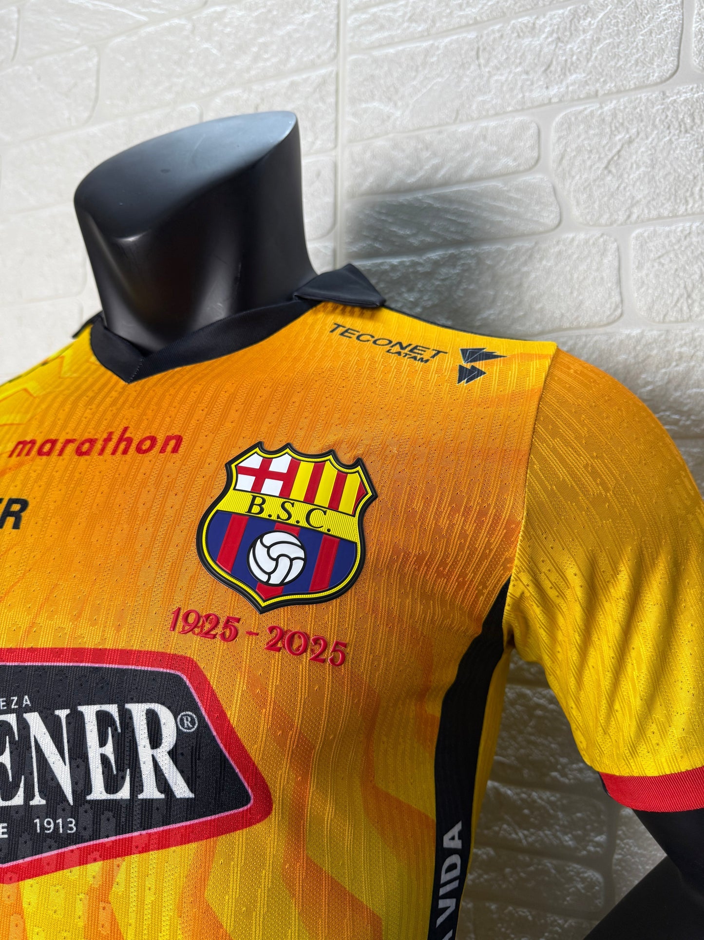 2025/26 Barcelona SC 100th Anniversary Player Version Jersey - Yellow Body Orange Flame Gradient - Marathon - Black V-Neck - Red Sleeve Cuffs - BSC Crest 1925-2025 - Pilsener Principal Sponsor