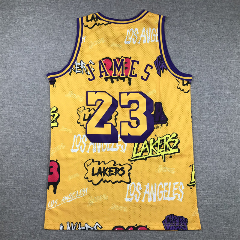 LeBron James #23 Los Angeles Lakers Gold 2018-19 Graffiti Edition Mitchell & Ness Hardwood Classics Swingman Jersey