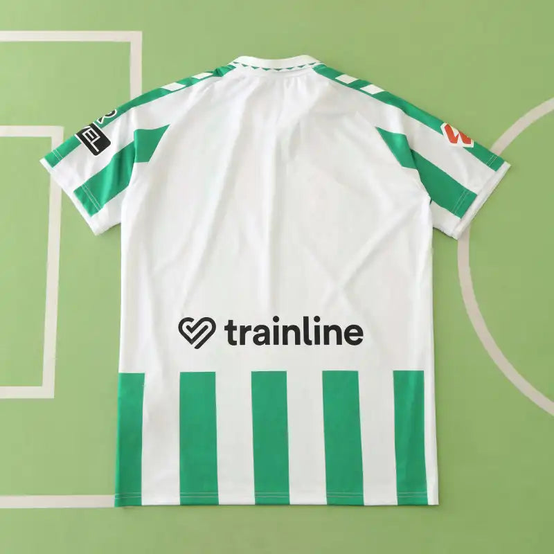 Real Betis Balompié Home Fan Version 2024/25 X Edition – Green & White Vertical Stripe La Liga Football Jersey | Gold Crest