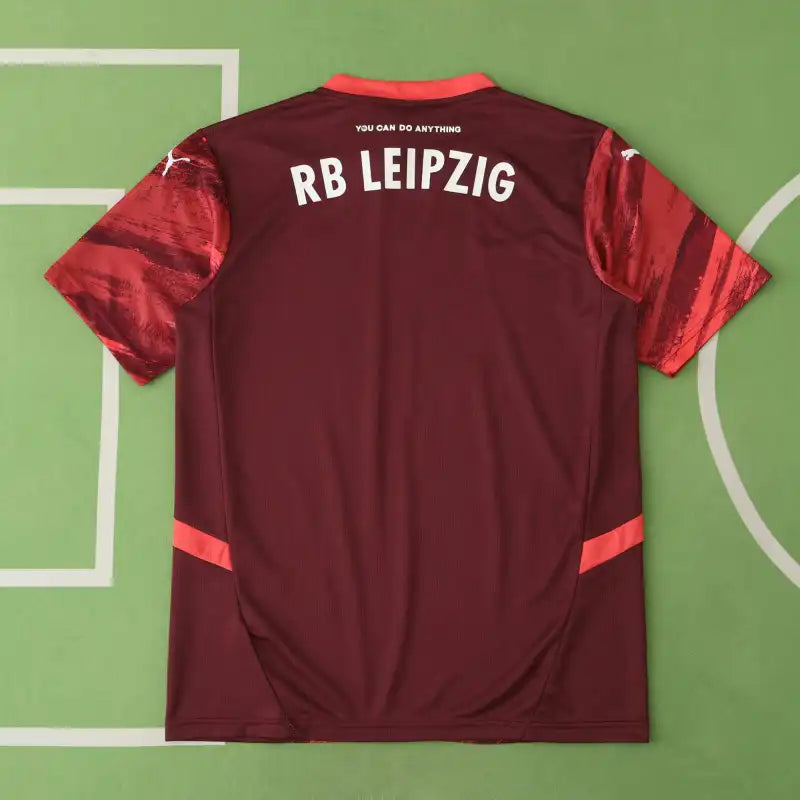 RB Leipzig Away Fan Version 2024/25 – Maroon & Red Brushstroke Print Bundesliga Football Jersey | Double Bull Crest