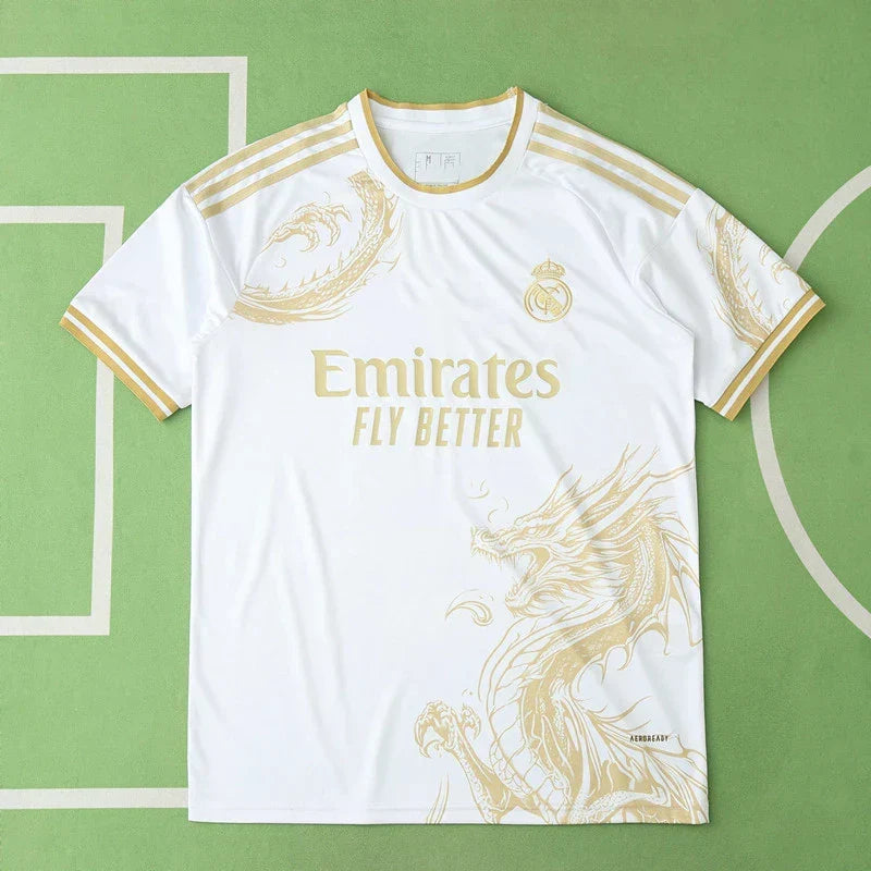 Real Madrid 2024/25 White Gold Dragon Concept Jersey – Luxury Dragon Adidas Fan Version