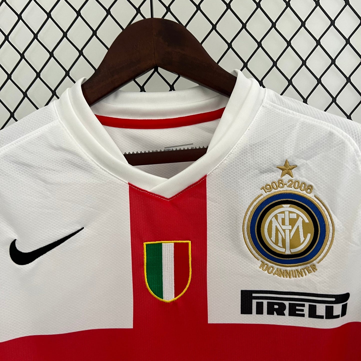 Inter Milan 2007-08 Away Retro Jersey – White Red Cross Croce di San Giorgio Nike Pirelli 100th Anniversary Centenary Crest Zanetti Ibrahimovic Figo Adriano Vieira Cambiasso Maicon Balotelli Serie A Fan Version Football Shirt